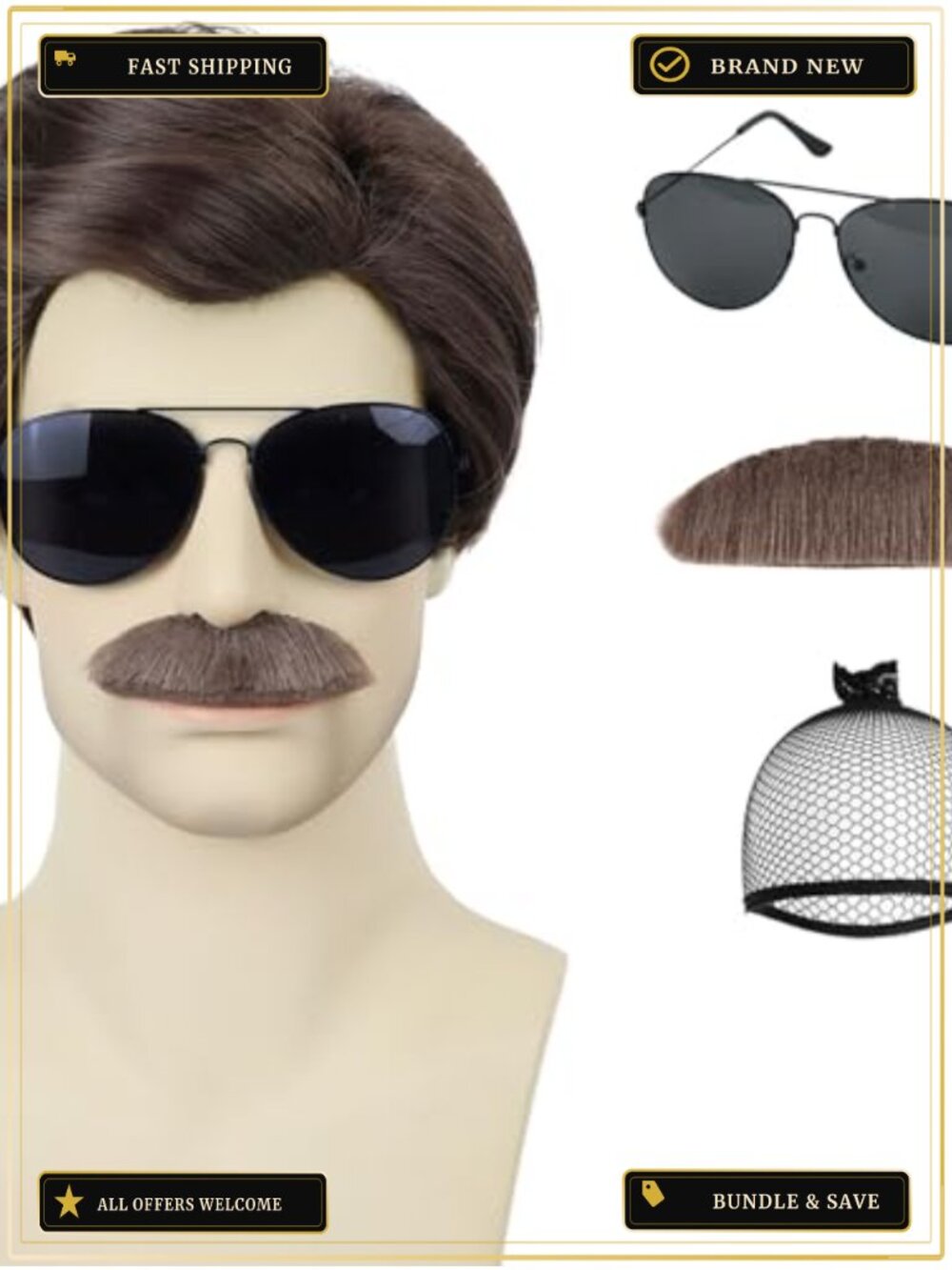Brown Mens Wig and Mustache Glasses Set 70s 80s Costume Cosplay Party